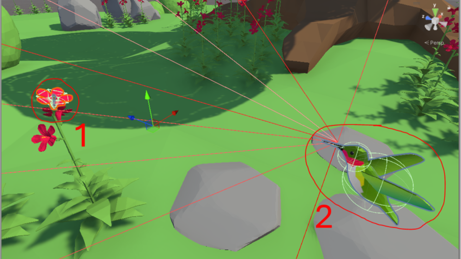 Hummingbird simulation. 1.) Flower reward. 2.) Hummingbird agent.